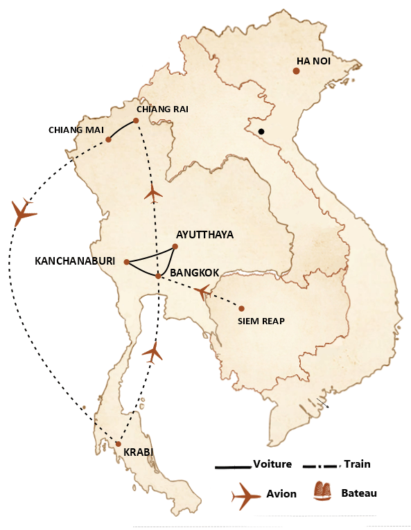 carte du circuit Circuit Cambodge Thailande : des temples dAngkor aux îles de Krabi
