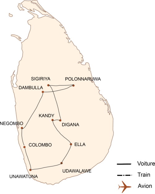 carte du circuit Multiples visages et couleurs du Sri Lanka en 2 semaines