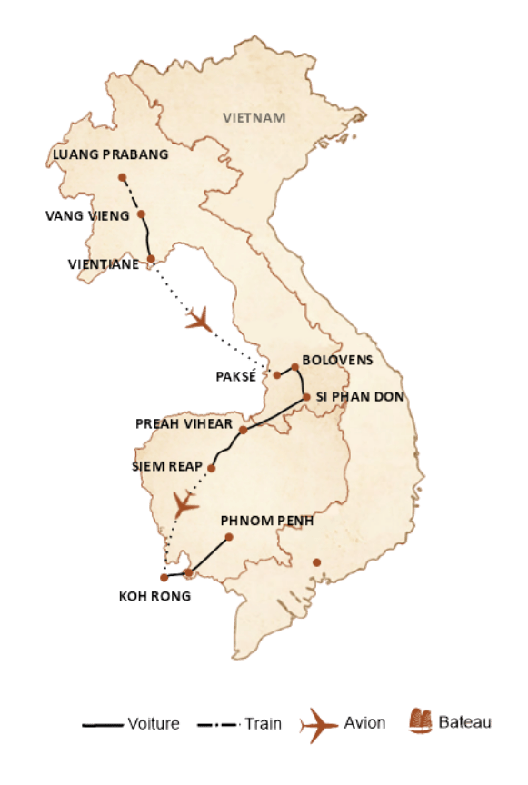 carte du circuit Laos et Cambodge en 20 jours : itinéraire aux mille couleurs