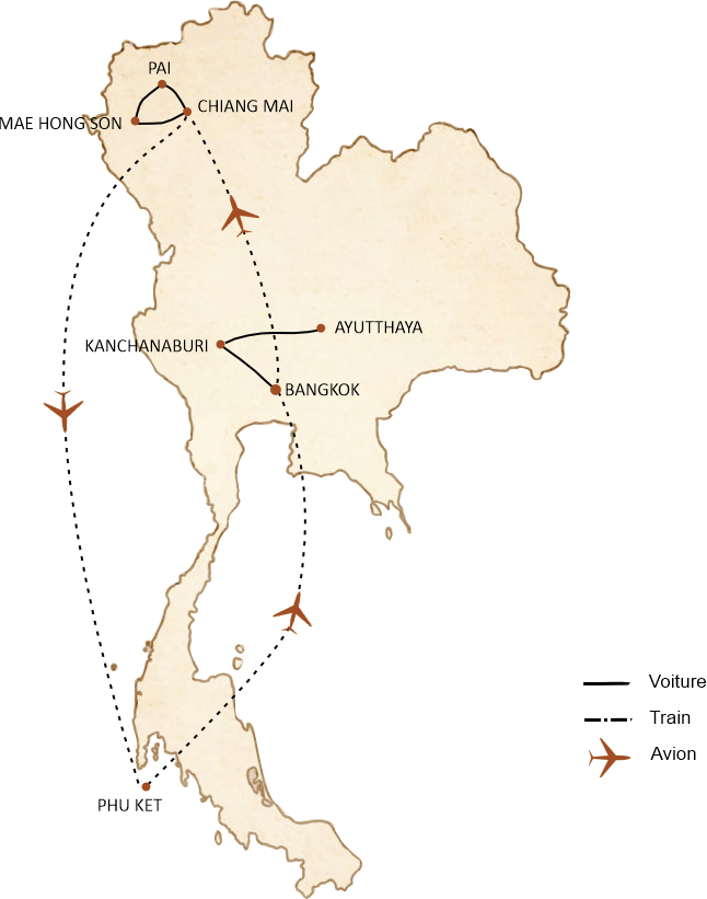 carte du circuit Circuit Thaïlande 17 jours : Splendeur du pays des Thaïs