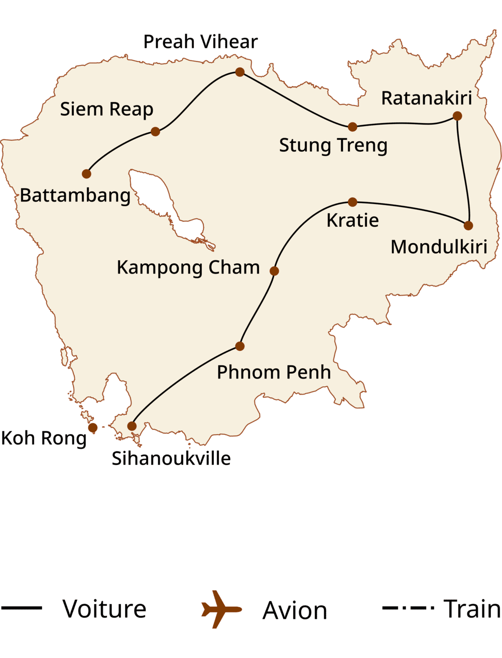 carte du circuit Cambodge en 3 semaines : parcours riche en découvertes et rencontres