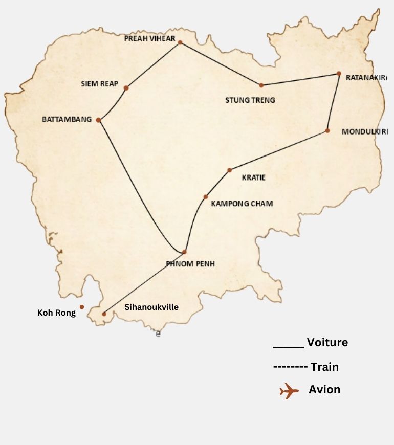 carte du circuit Cambodge en 3 semaines : parcours riche en découvertes et rencontres