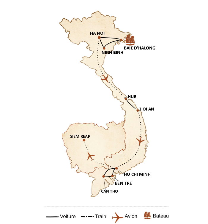 carte du circuit Circuit combiné Vietnam et Cambodge 2 semaines