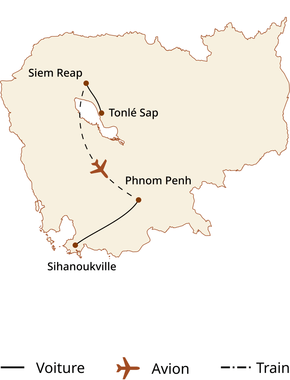 carte du circuit Cambodge haut de gamme – 10 jours de voyage raffiné