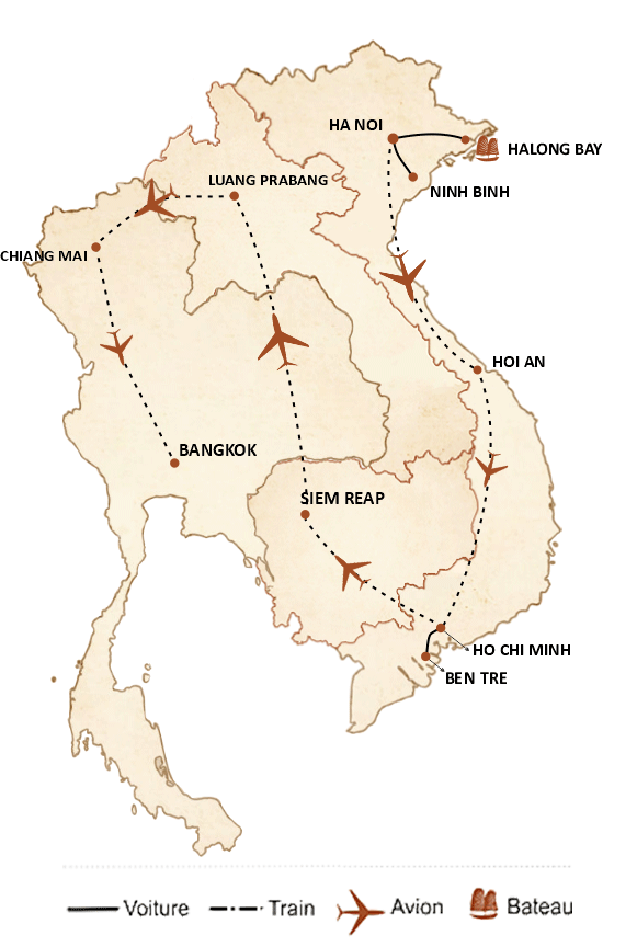 carte du circuit Voyage de 21 jours à travers le Vietnam, Cambodge, Thaïlande et Laos
