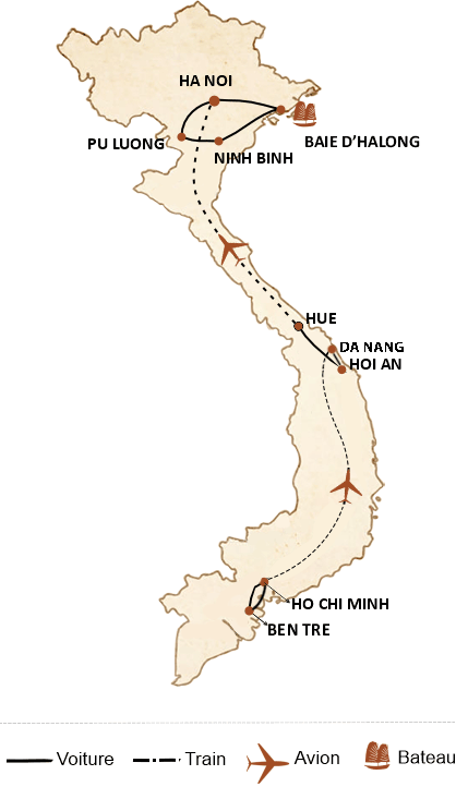 carte du circuit De l’ancienne Saigon à la capitale d’Hanoi 12 jours