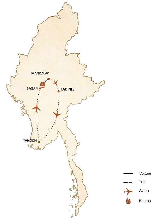 carte du circuit Les quatres joyaux de la Birmanie 8 jours