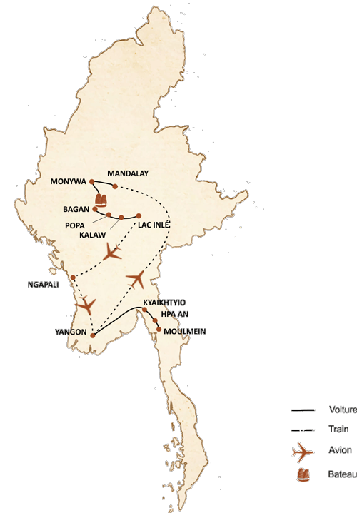 carte du circuit Grande traversée de la Birmanie 3 semaines
