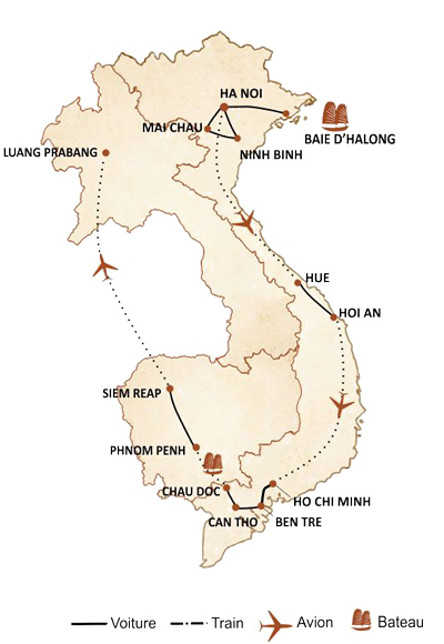 carte du circuit Grande traversée de l’Indochine 21 jours
