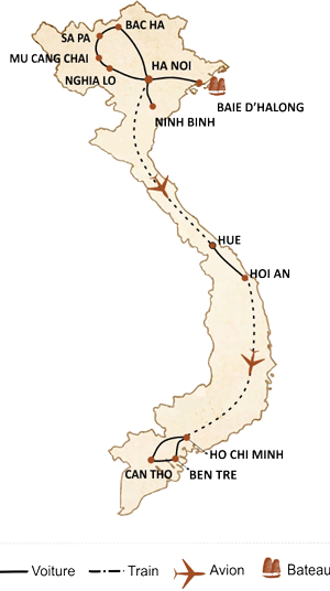 carte du circuit Grande traversée du Vietnam 21 jours