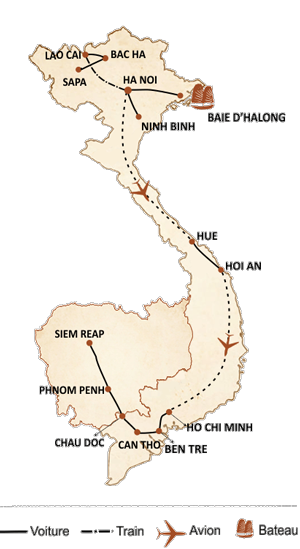 carte du circuit De la baie d’Halong aux temples d’Angkor en liberté en 19 jours