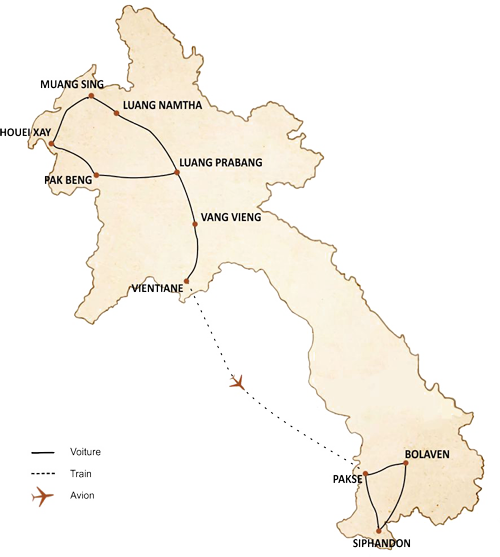 carte du circuit Grande traversée du Laos 16 jours