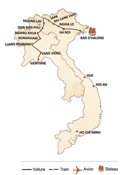 carte du circuit Grande traversée du nord Vietnam & nord Laos 17 jours