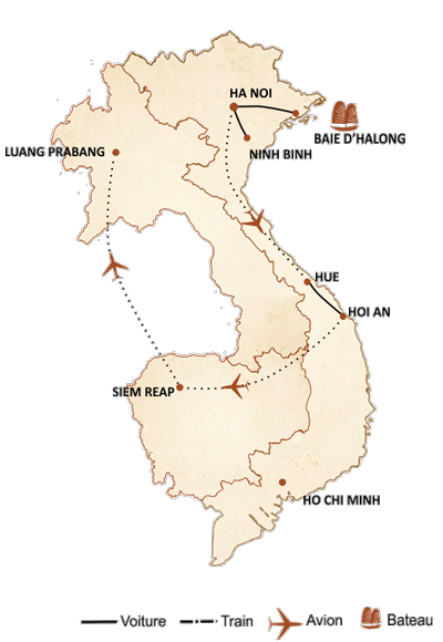 carte du circuit Route des patrimoines de l’Indochine 15 jours