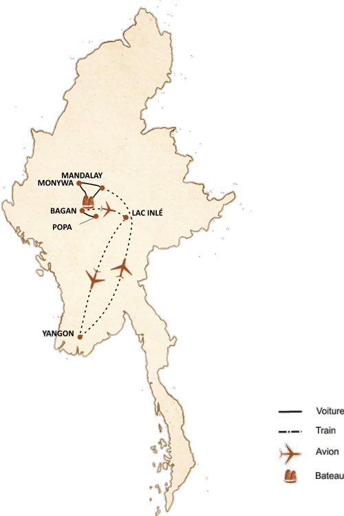 carte du circuit Les saveurs de la Birmanie 12 jours