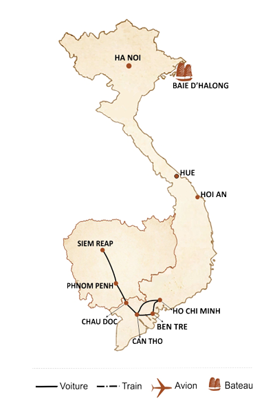 carte du circuit Du sud vietnamien aux temples d’Angkor 10 jours